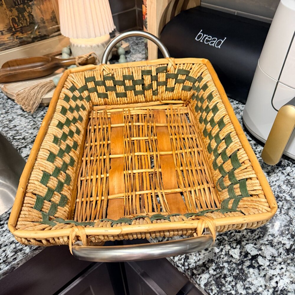 Vintage Italian or Spanish Style Ratan Tray with Silver Handles